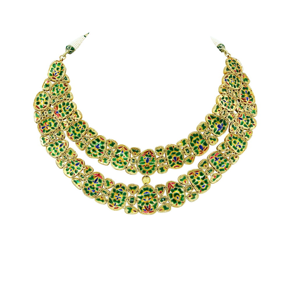 Polki Necklace Set with Green Enamel and Layered Design
